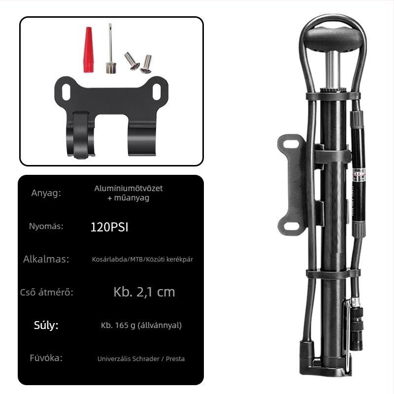 Kézi kerékpárpumpa manométerrel, modell 2821CB, 140 psi, alumínium test, 165 g, kültéri hordozható