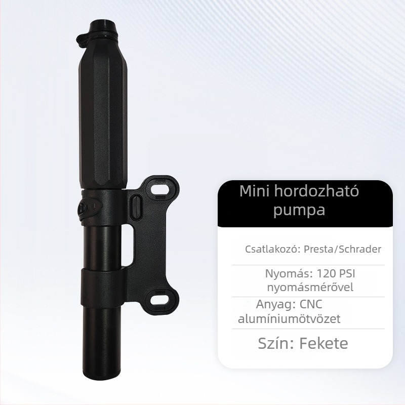 Kézi kerékpárpumpa manométerrel, modell 2821CB, 140 psi, alumínium test, 165 g, kültéri hordozható