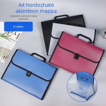A4 hordozható 13 rekeszes akordeon irattartó, irodai csattal, műanyagból, vastagság 1,2 mm