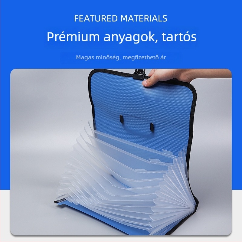 A4 hordozható 13 rekeszes akordeon irattartó, irodai csattal, műanyagból, vastagság 1,2 mm