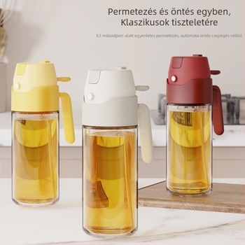 Üveg olajtartó automata fedővel és permetező funkcióval; széles látószögű sprayer, töltőnyílás és beépített olajecset – szójaszószhoz, ecethez és fűszerekhez