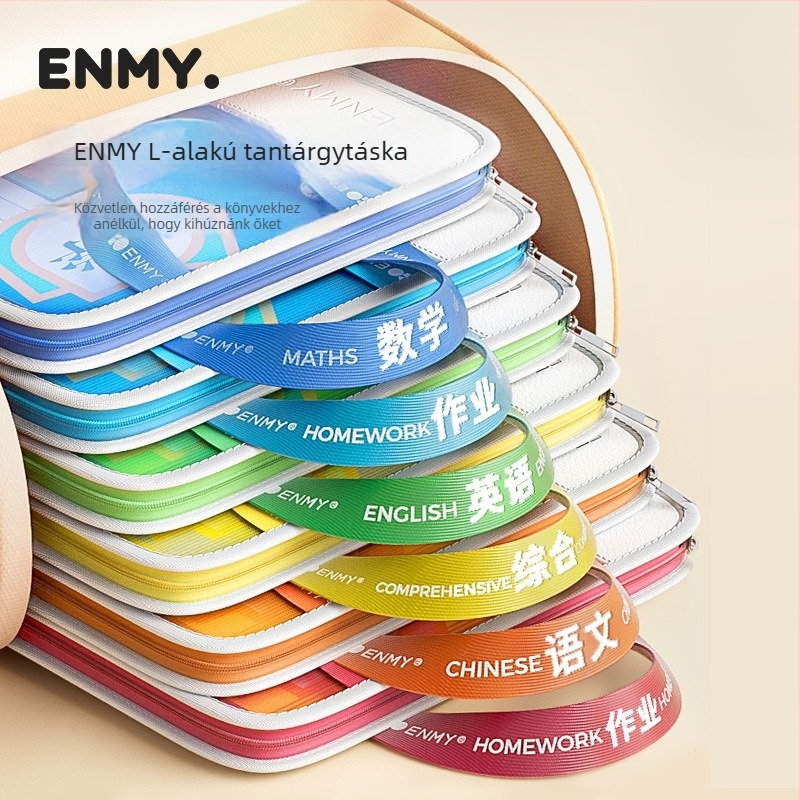 Enmi L alakú dokumentum és tankönyv táska diákok számára, több rekesz, nagy kapacitás (Márka: Enmi; Anyag: nylon háló; Stílus: cipzár; Dizájn: ferde él)