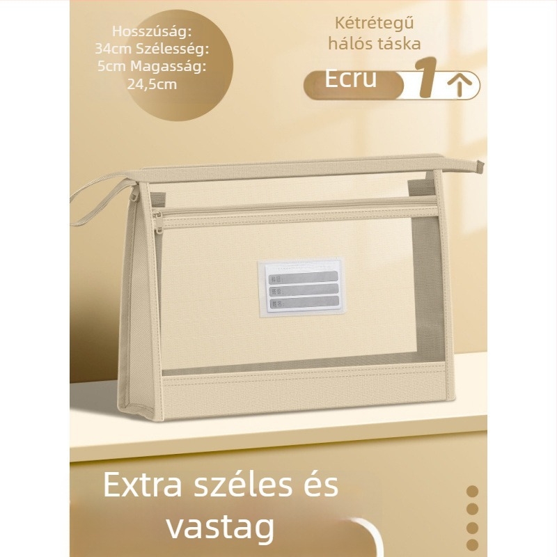 Nylon hálós dokumentumtáska cipzárral, vastagított kettős háló, nagy kapacitású tároló