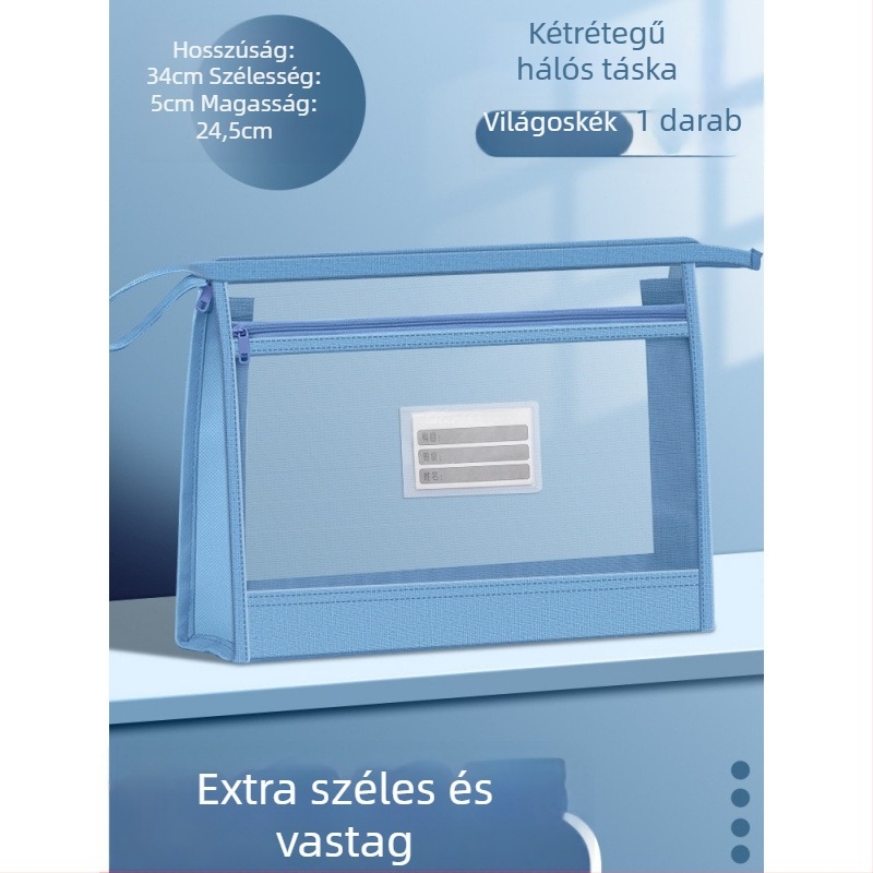 Nylon hálós dokumentumtáska cipzárral, vastagított kettős háló, nagy kapacitású tároló