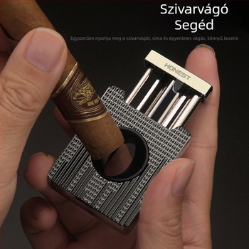 V alakú szivarvágó és ónötvözet öngyújtó készlet, szélálló, állítható láng, finoman gravírozott ajándékdoboz