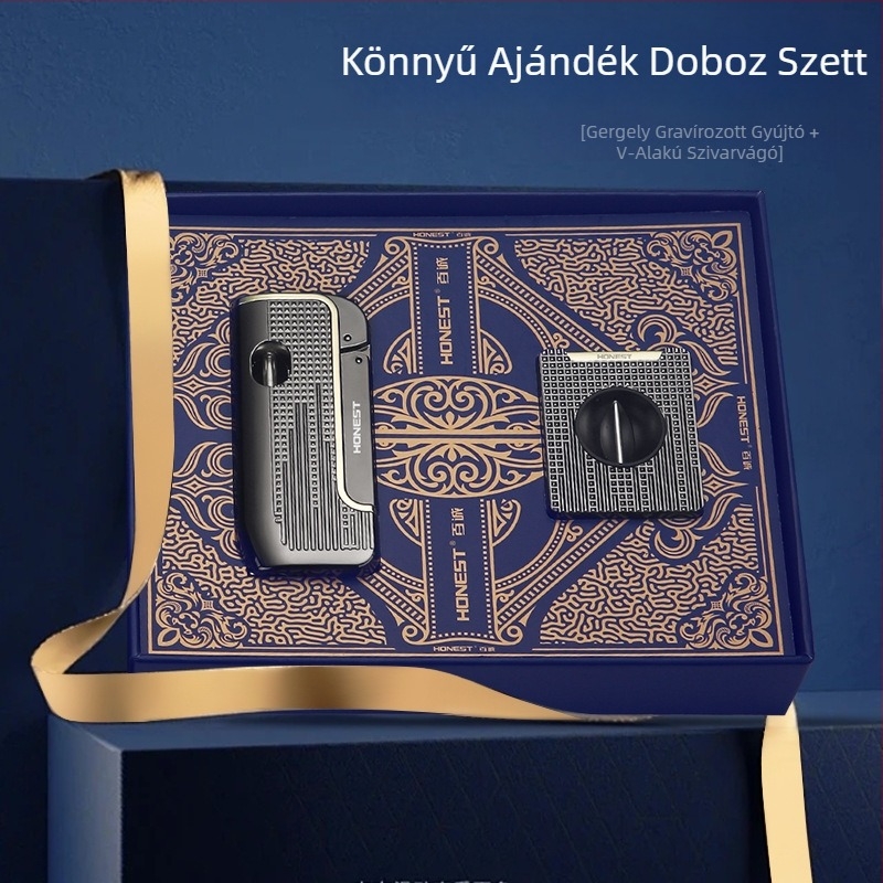 V alakú szivarvágó és ónötvözet öngyújtó készlet, szélálló, állítható láng, finoman gravírozott ajándékdoboz