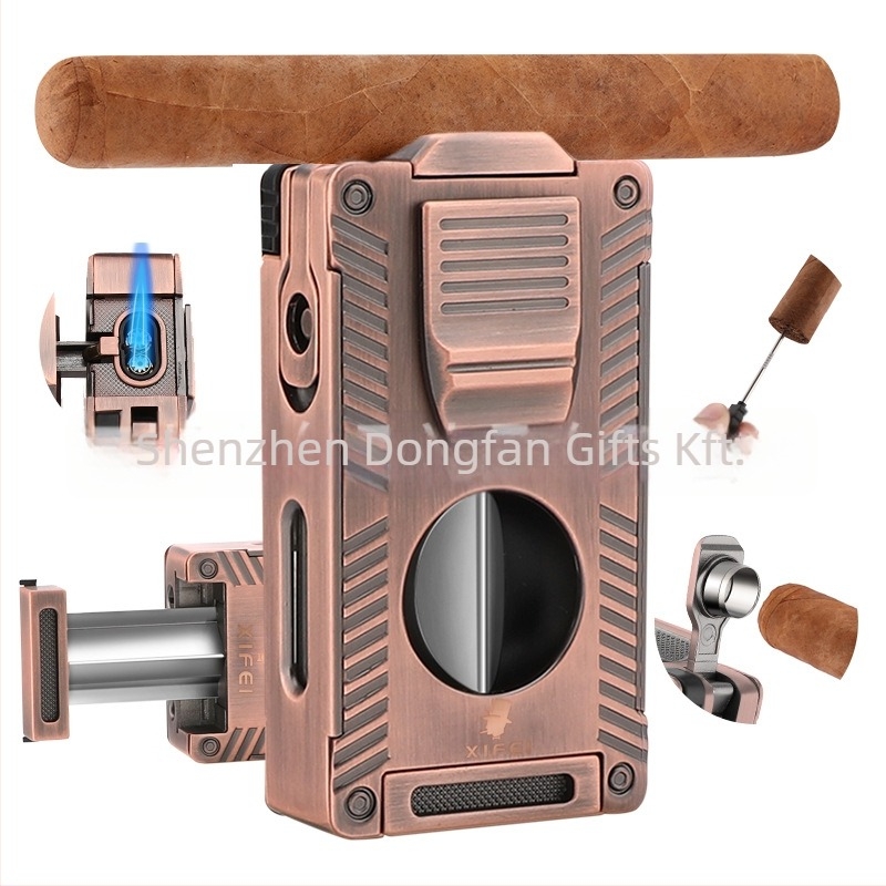 Öt egyben szivarolló és gyújtó, integrált hordozható, furattal és közvetlen gyújtással (fém, bután; logó nyomtatás; testreszabás; ajándék)