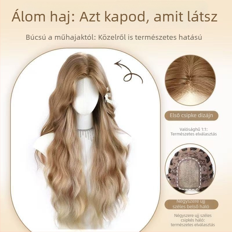 Hosszú göndör paróka hosszú frufival, fehérje selyem haj, természetes stílus, mechanizmusos kivitelezés
