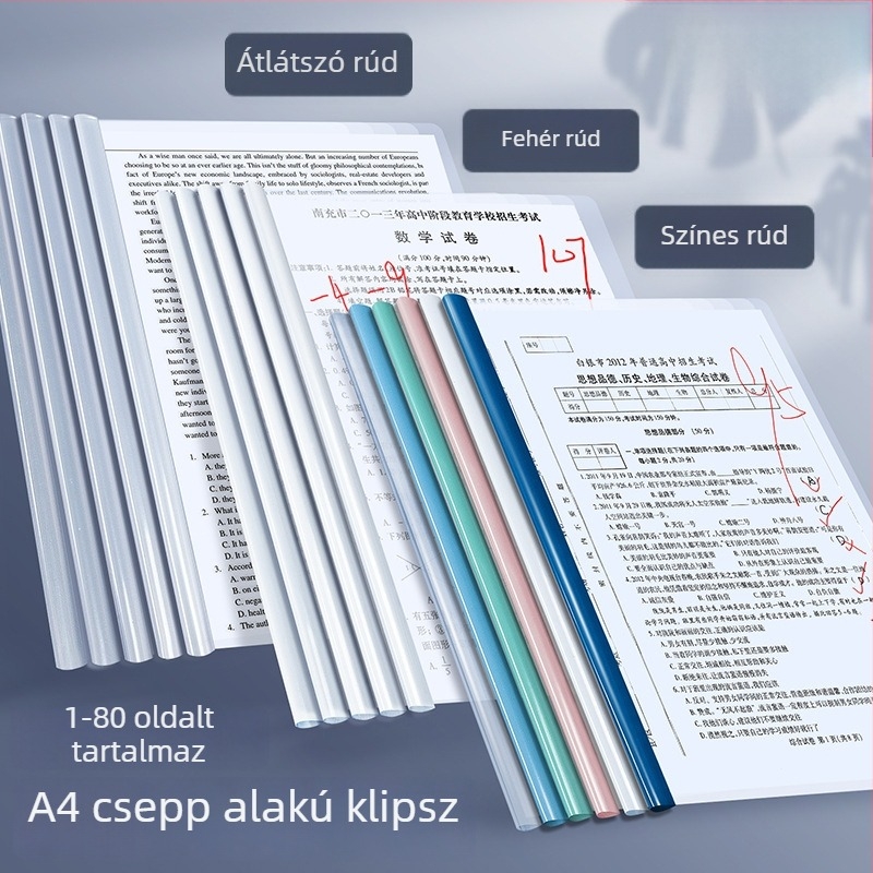 A4-es méretű vízcsepp alakú klipszes mappa átlátszó beillesztő lapokkal