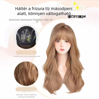 Paróka hosszú göndör hajjal, természetes stílus, hőálló rostból, teljes fejfedés, frufru lehet sík vagy ferde