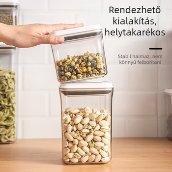 Zárható gabonás tároló üveg, átlátszó műanyag, nedvességálló, négyszögletes, 800–1000 ml