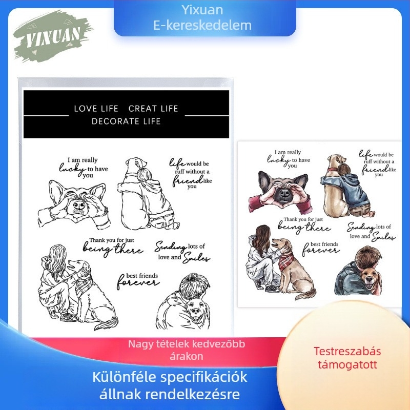 Kutya témájú scrapbook vágó dies készlet nyomtatással és relief sablonnal — szénacél, szilikon-gél, öntvény