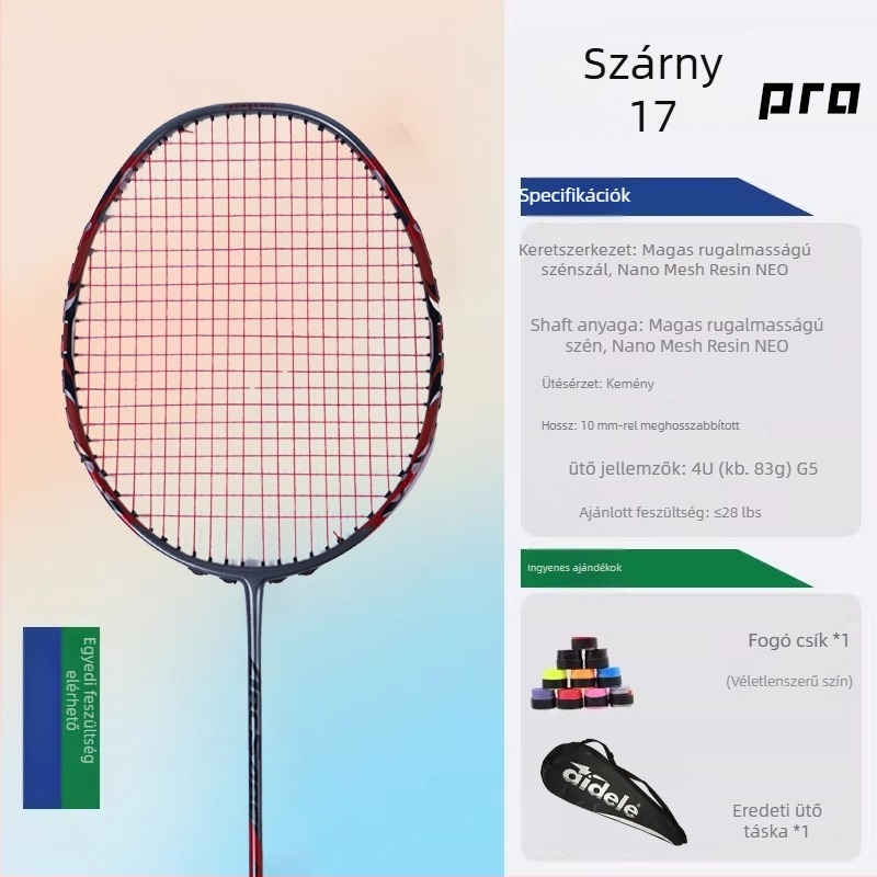 Badminton ütő – támadó modell, szénszálas keret, tömeg 80–84 g, Mid-Shaft Foam technológia, markolat vastagsága G5