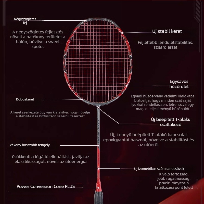 Badminton ütő – támadó modell, szénszálas keret, tömeg 80–84 g, Mid-Shaft Foam technológia, markolat vastagsága G5