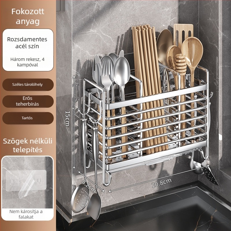 Rozsdamentes acélból készült fali tartó konyhai eszközökhöz, drenázs funkcióval, modern minimalista stílus, modell YK-X, Er Mo