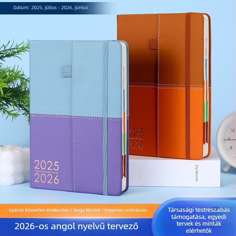 Kéttónusú bőrborítású notesz, 2026-os napi tervező, naponta egy oldal, Daolin papír 80G, 100–200 oldal