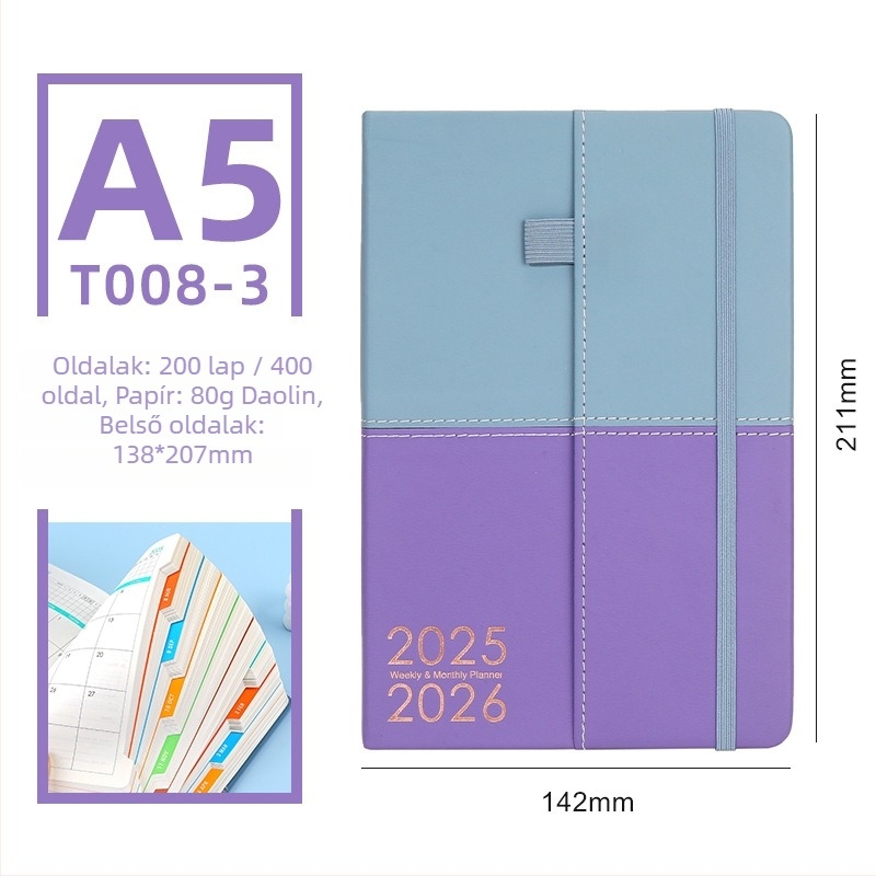Kéttónusú bőrborítású notesz, 2026-os napi tervező, naponta egy oldal, Daolin papír 80G, 100–200 oldal