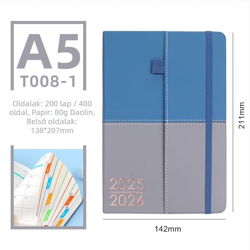 Kéttónusú bőrborítású notesz, 2026-os napi tervező, naponta egy oldal, Daolin papír 80G, 100–200 oldal