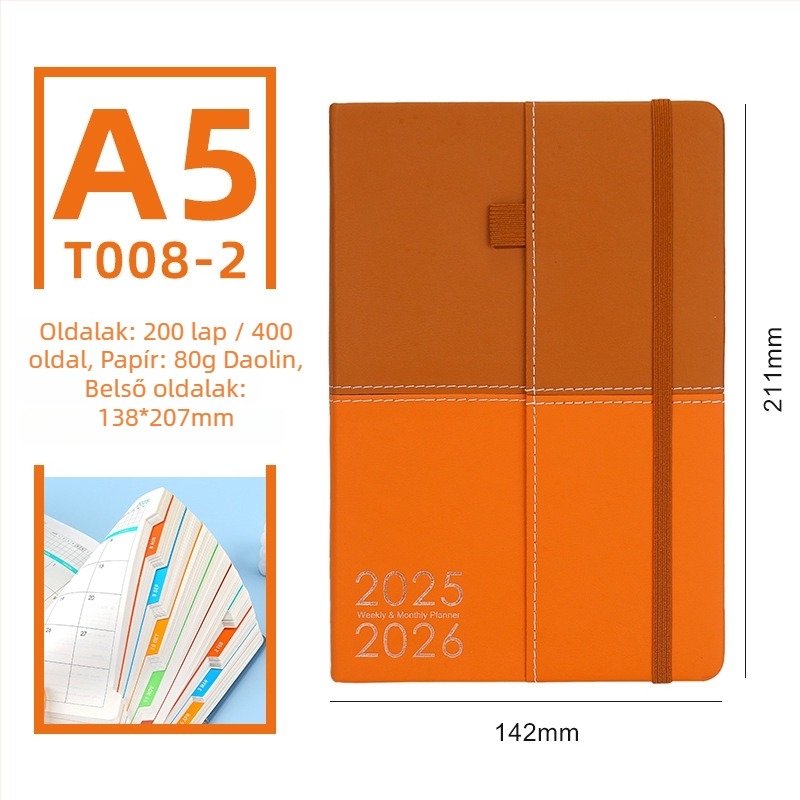 Kéttónusú bőrborítású notesz, 2026-os napi tervező, naponta egy oldal, Daolin papír 80G, 100–200 oldal
