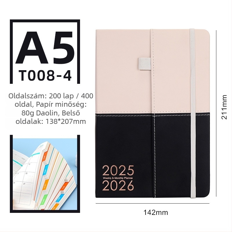 Kéttónusú bőrborítású notesz, 2026-os napi tervező, naponta egy oldal, Daolin papír 80G, 100–200 oldal