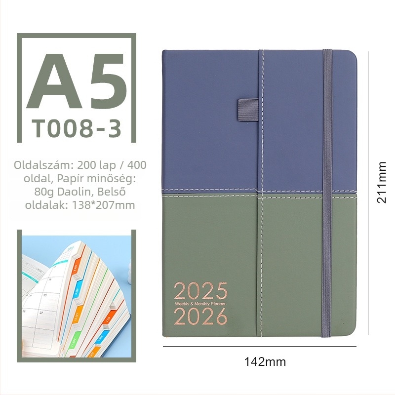 Kéttónusú bőrborítású notesz, 2026-os napi tervező, naponta egy oldal, Daolin papír 80G, 100–200 oldal