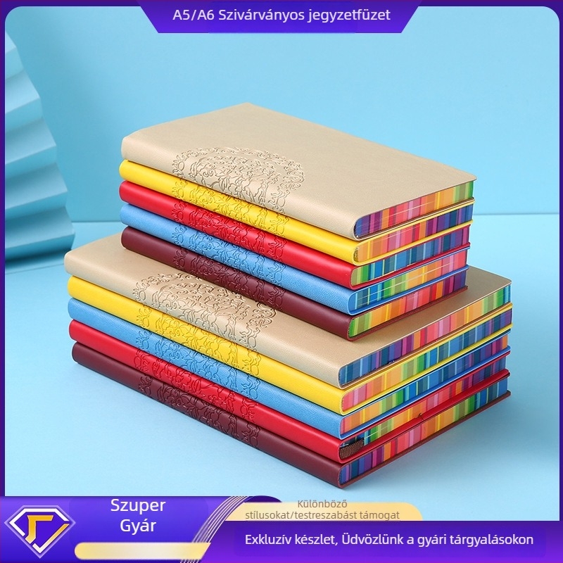 Rainbow-szegélyű jegyzetfüzet műbőr borítóval, ragasztott kötés, Daolin papír, 80 g/m², 100–200 oldal, NX-002 modell, tömeg 350 g.