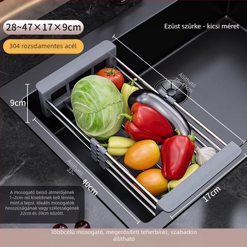 Kihúzható mosogatóhoz tartozó szárítóállvány | 304 rozsdamentes acél | univerzális specifikáció | többfunkciós drénkosár | modern minimalista stílus