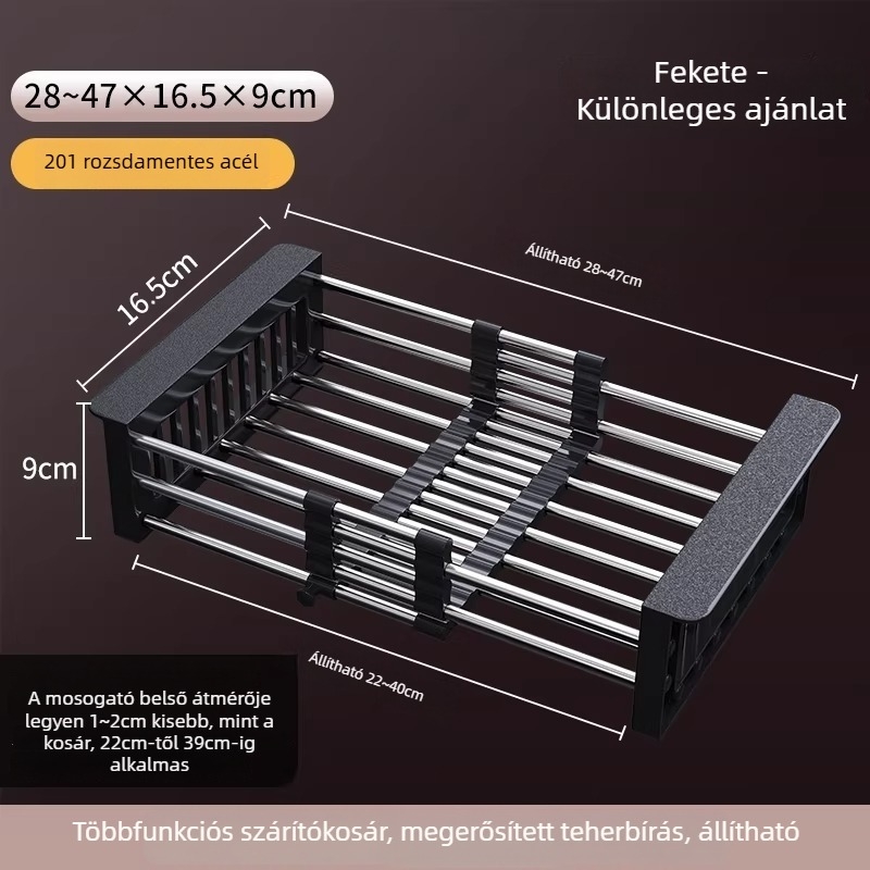 Kihúzható mosogatóhoz tartozó szárítóállvány | 304 rozsdamentes acél | univerzális specifikáció | többfunkciós drénkosár | modern minimalista stílus