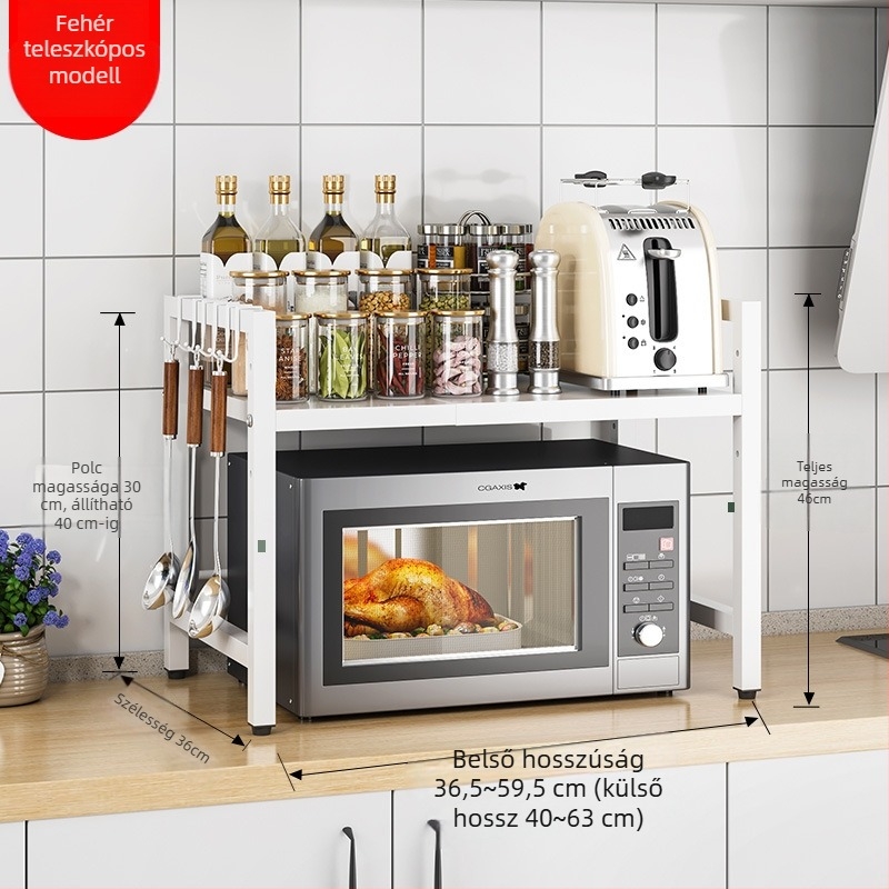 Kihajtható, fémből készült konyhai mikrohullámú sütő tartóállvány – pult melletti rendező, modell T18 – modern minimalista dizájn, alkalmas sütőre, rizsfőzőre és légsütőre