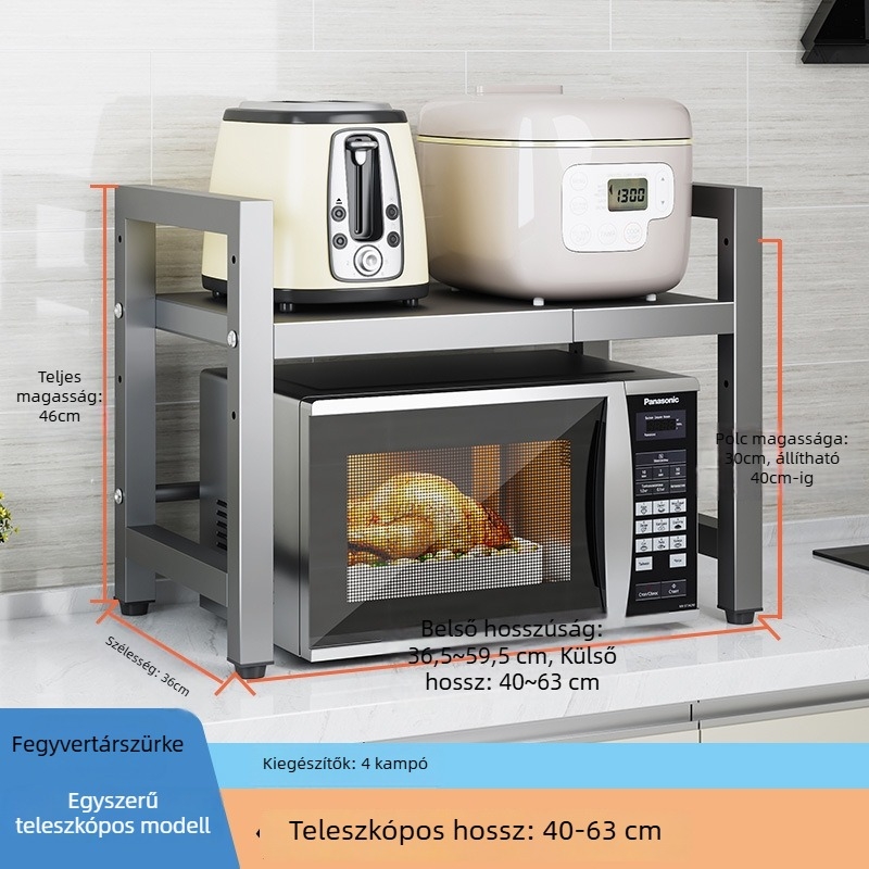 Kihajtható, fémből készült konyhai mikrohullámú sütő tartóállvány – pult melletti rendező, modell T18 – modern minimalista dizájn, alkalmas sütőre, rizsfőzőre és légsütőre