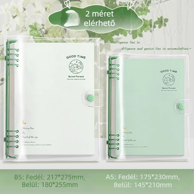 Kohara PP borítóval notesz, lazán kötött jegyzetfüzet, puha fedél, vastagabb kialakítás, INS-stílus, kivehető napló; papír 70 g/m² nyers fa rostból, 100–200 oldal