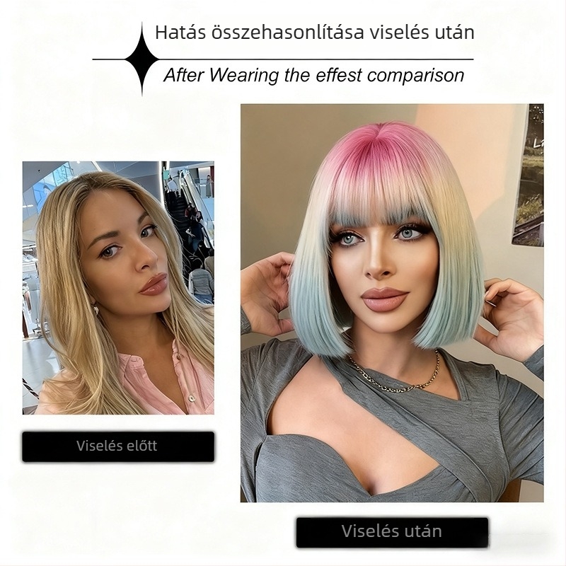 Női paróka, egy méretben, gradient színű szivárvány bob, rövid haj, teljes fejfedés, modell Dm877, magas hőmérsékletű szál, befesthető
