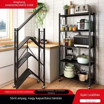Összecsukható konyhai tárolóállvány, 3 rétegű, szénacélból, telepítés nélkül, kerékkel mozgatható (telepítés nélkül, kerékkel mozgatható, 3 rétegű, szénacél)