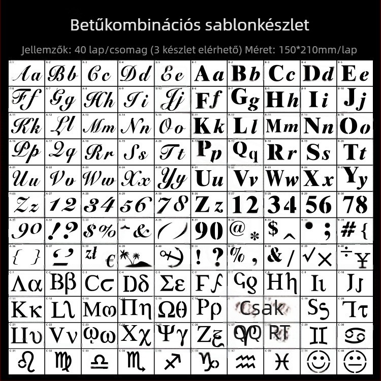 A5-ös betű- és számjel rajz sablon — Yuezhen, PET anyag, licencelt magáncímke: Igen, IP engedély: Nem