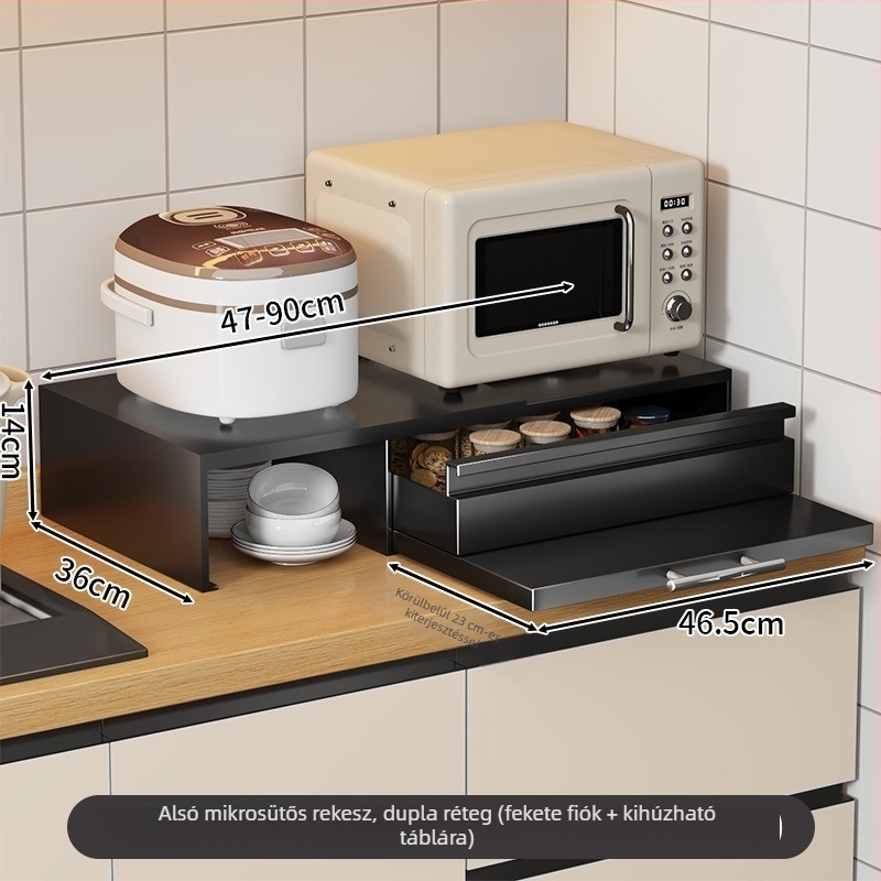 Mikrohullámú sütő kihúzható fiókos rack, munkalapra kiterjesztés — anyag: szénacél, modell: Microwave drawer board, gyártás rajzok szerint