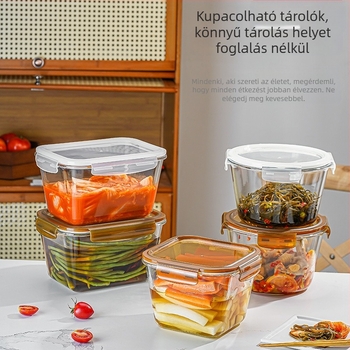 Boroszilikát üvegből készült uzsonnás doboz, négyzet alakú, fedővel, mikrohullámú sütőben használható, kapacitás 300 ml alatt