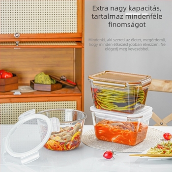 Boroszilikát üvegből készült uzsonnás doboz, négyzet alakú, fedővel, mikrohullámú sütőben használható, kapacitás 300 ml alatt