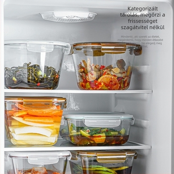 Boroszilikát üvegből készült uzsonnás doboz, négyzet alakú, fedővel, mikrohullámú sütőben használható, kapacitás 300 ml alatt