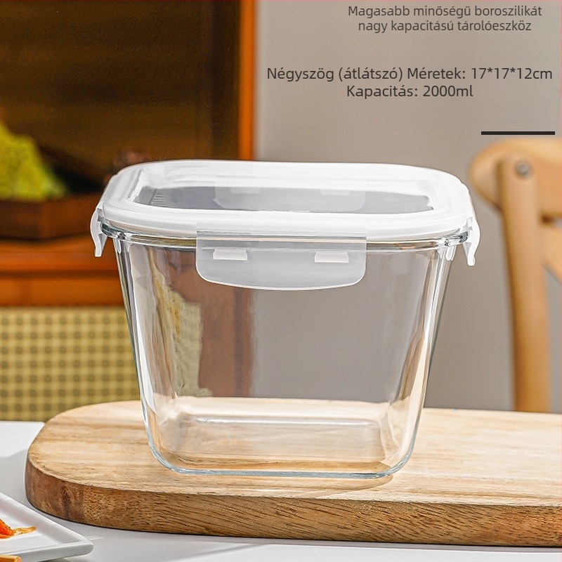 Boroszilikát üvegből készült uzsonnás doboz, négyzet alakú, fedővel, mikrohullámú sütőben használható, kapacitás 300 ml alatt