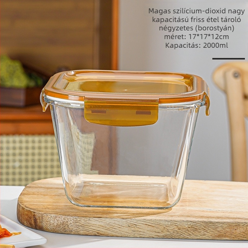 Boroszilikát üvegből készült uzsonnás doboz, négyzet alakú, fedővel, mikrohullámú sütőben használható, kapacitás 300 ml alatt