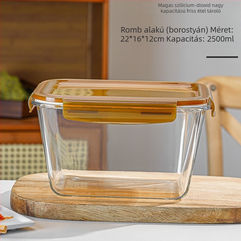 Boroszilikát üvegből készült uzsonnás doboz, négyzet alakú, fedővel, mikrohullámú sütőben használható, kapacitás 300 ml alatt
