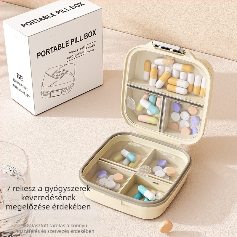 Tablettás doboz, hordozható heti 7 napos, kétszintes, 7 rekeszes, nedvességálló, forgatható fedél