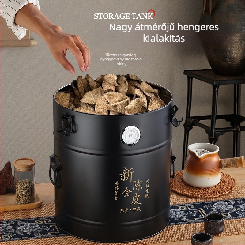 Rozsdamentes acélból készült kerek tea-tároló nedvességmérővel, 5L+ kapacitás, nedvességálló zárás, frissesség megőrzése, kínai stílus.