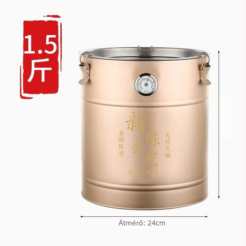 Rozsdamentes acélból készült kerek tea-tároló nedvességmérővel, 5L+ kapacitás, nedvességálló zárás, frissesség megőrzése, kínai stílus.