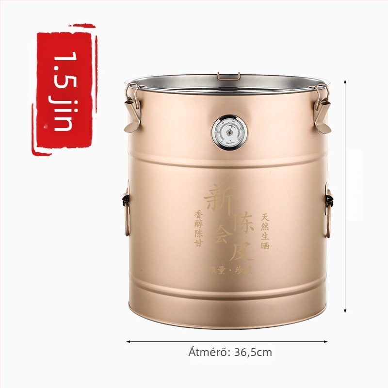 Rozsdamentes acélból készült kerek tea-tároló nedvességmérővel, 5L+ kapacitás, nedvességálló zárás, frissesség megőrzése, kínai stílus.