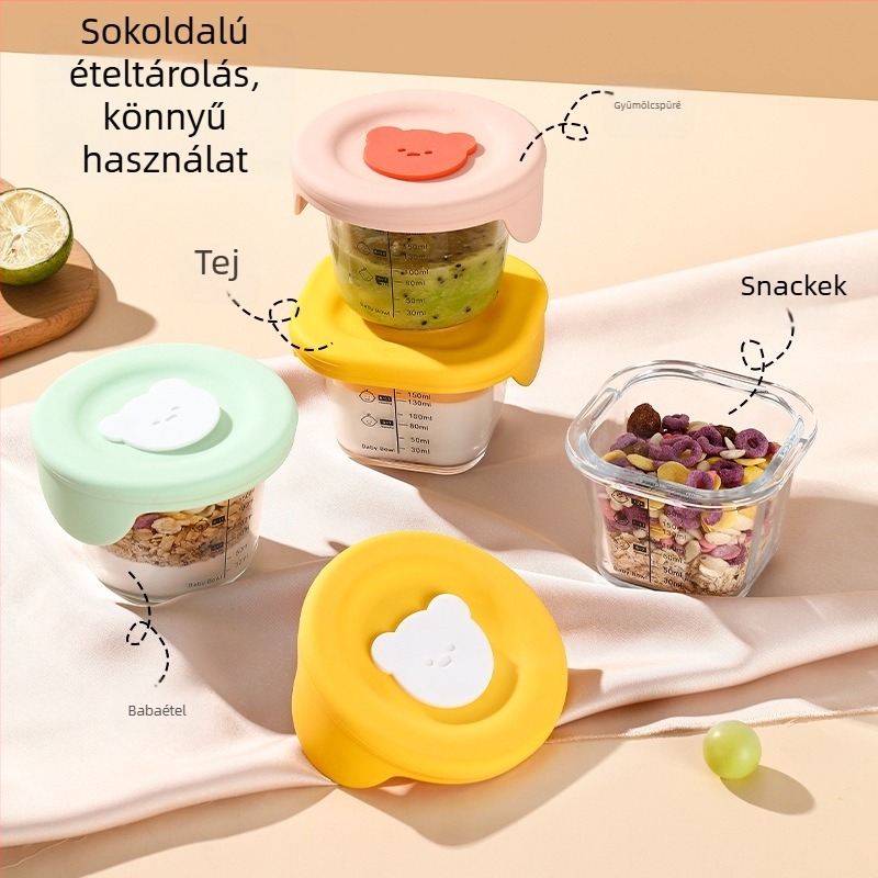 Gőzölhető babaélelmiszer-tál mérőskálával, kör alakú boroszilikát üveg, mikrohullámú sütőben használható, kapacitás 300 ml alatt