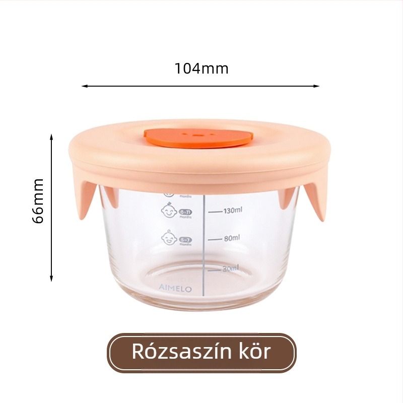 Gőzölhető babaélelmiszer-tál mérőskálával, kör alakú boroszilikát üveg, mikrohullámú sütőben használható, kapacitás 300 ml alatt
