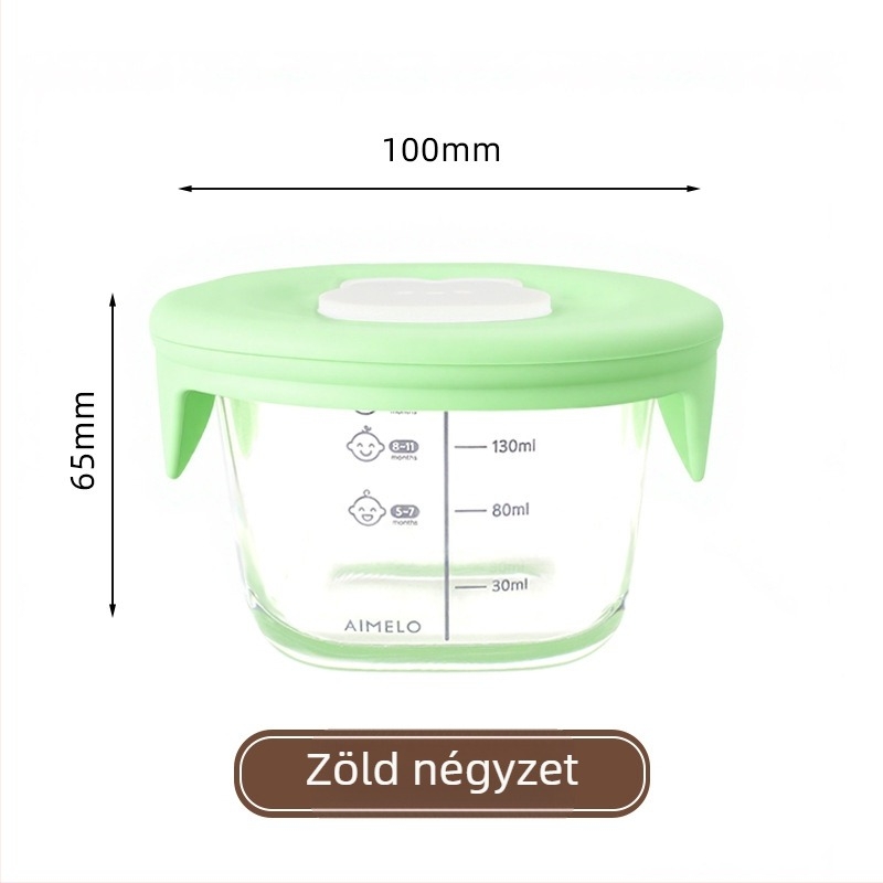Gőzölhető babaélelmiszer-tál mérőskálával, kör alakú boroszilikát üveg, mikrohullámú sütőben használható, kapacitás 300 ml alatt