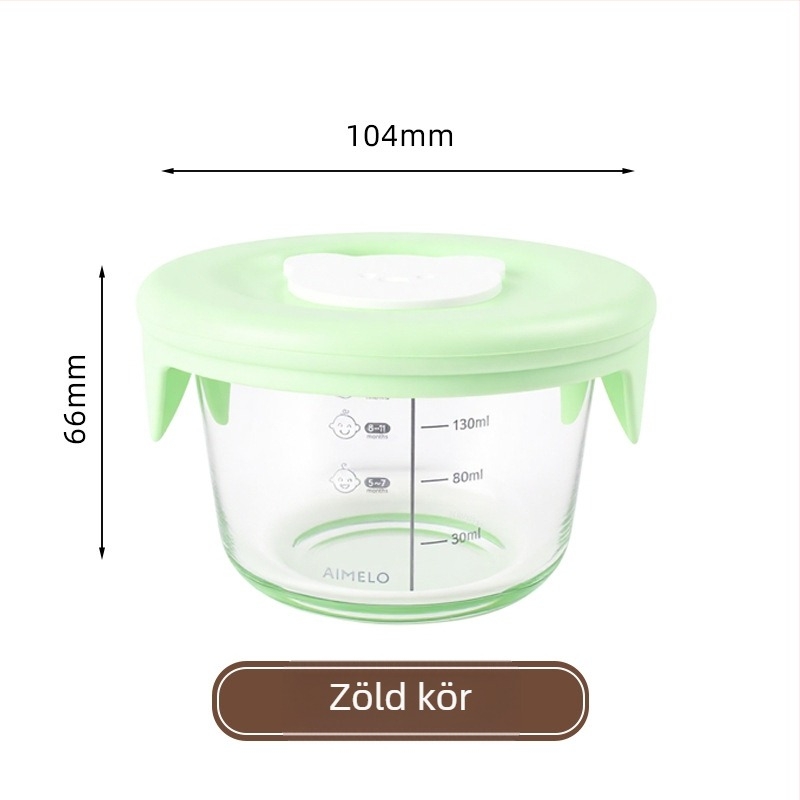 Gőzölhető babaélelmiszer-tál mérőskálával, kör alakú boroszilikát üveg, mikrohullámú sütőben használható, kapacitás 300 ml alatt