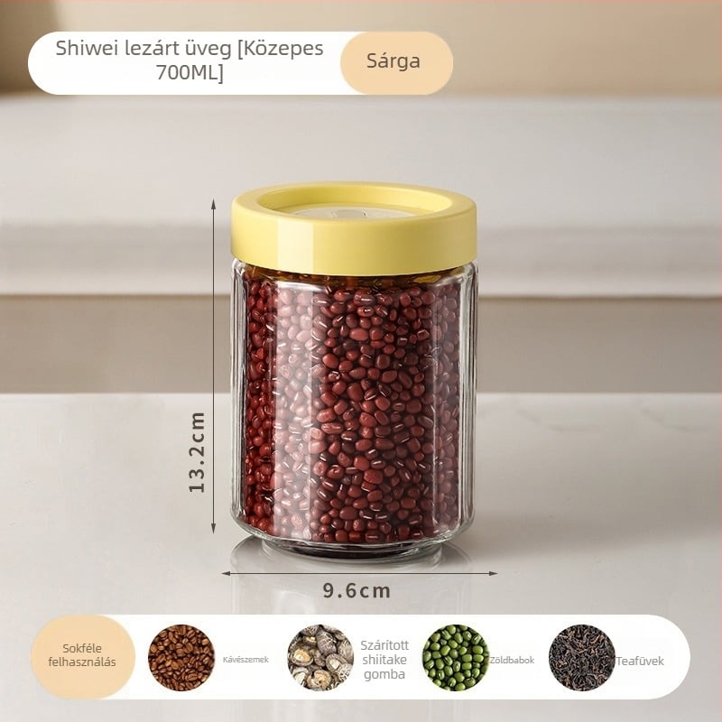 Üvegből készült zárható edény – kerek, nedvességálló konyhai tároló kávészemek, dió és tea számára, 301–500 ml, modern minimalist stílus